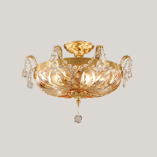 Vintage Brass Semi Flush Mount Ceiling Light With Amber Glass - 5-Light Shaded Lighting For Living