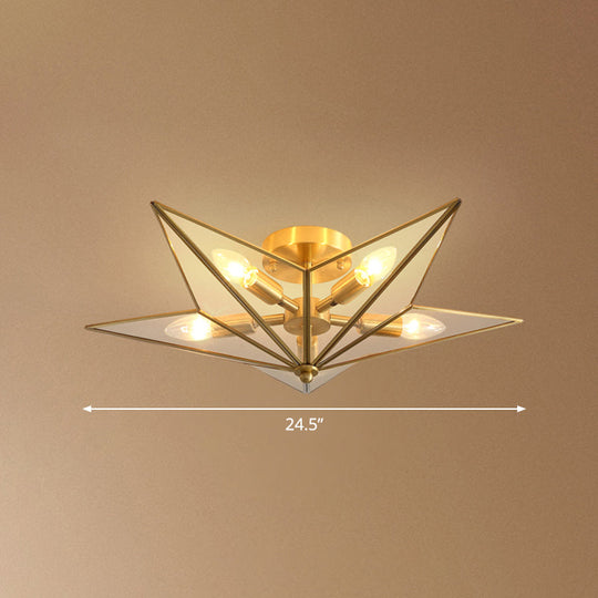 Vintage Brass Semi Flush Mount Ceiling Light With Amber Glass - 5 - Light Shaded Lighting For