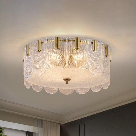 Clear Textured Glass Drum Ceiling Light With Scalloped Edge - Contemporary Flush Mount Fixture / 12’