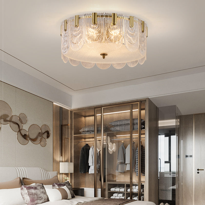 Clear Textured Glass Drum Ceiling Light With Scalloped Edge - Contemporary Flush Mount Fixture