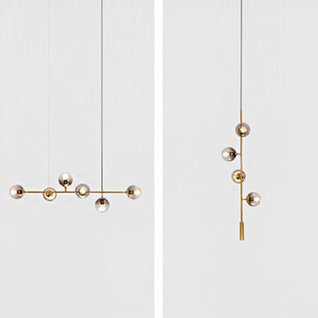 Postmodern Gold Finish Dining Room Island Lighting Pendant With Ball Glass Shade - 6 Bulbs