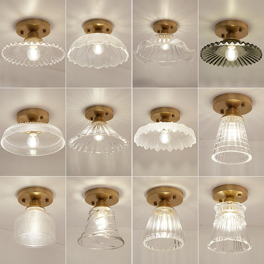 Brass Semi Flush Mount Ceiling Light For Aisle: Textured Glass 1 - Light Industrial Style