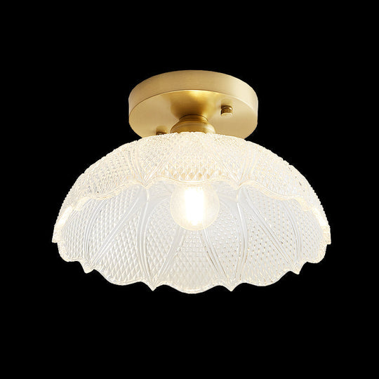 Brass Semi Flush Mount Ceiling Light For Aisle: Textured Glass 1 - Light Industrial Style