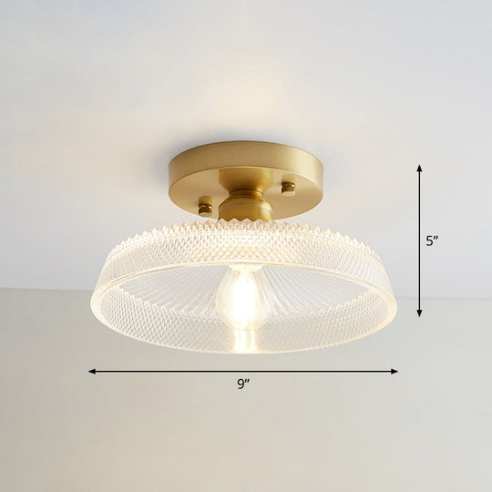 Brass Semi Flush Mount Ceiling Light For Aisle: Textured Glass 1 - Light Industrial Style