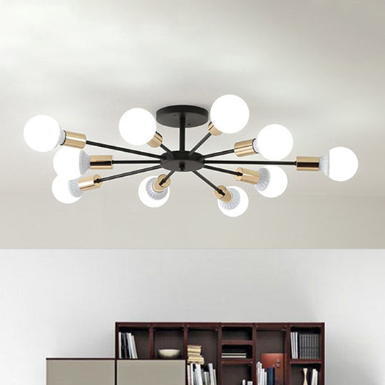 Black Radial Metal Flush Mount Ceiling Light With 10 Industrial - Style Heads - Ideal For Bedroom