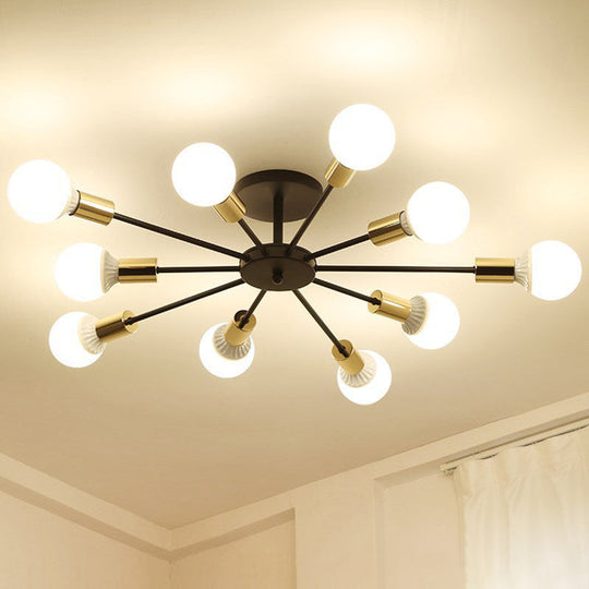 Black Radial Metal Flush Mount Ceiling Light With 10 Industrial - Style Heads - Ideal For Bedroom