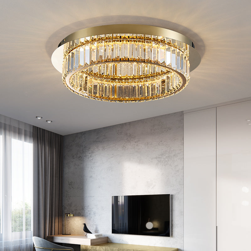 Modern Gold Flushmount Ceiling Light For Bedroom With Prismatic K9 Crystal And Circle Design