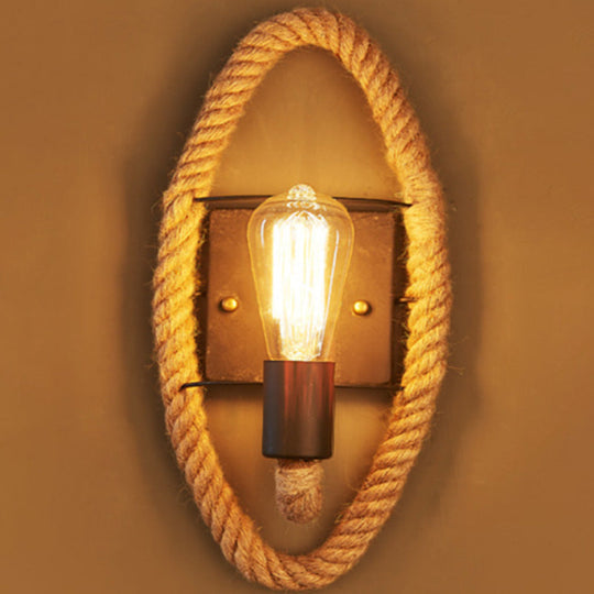 Rustic Rope Wall Sconce With Bare Bulb Design And Wood Detailing / Oval