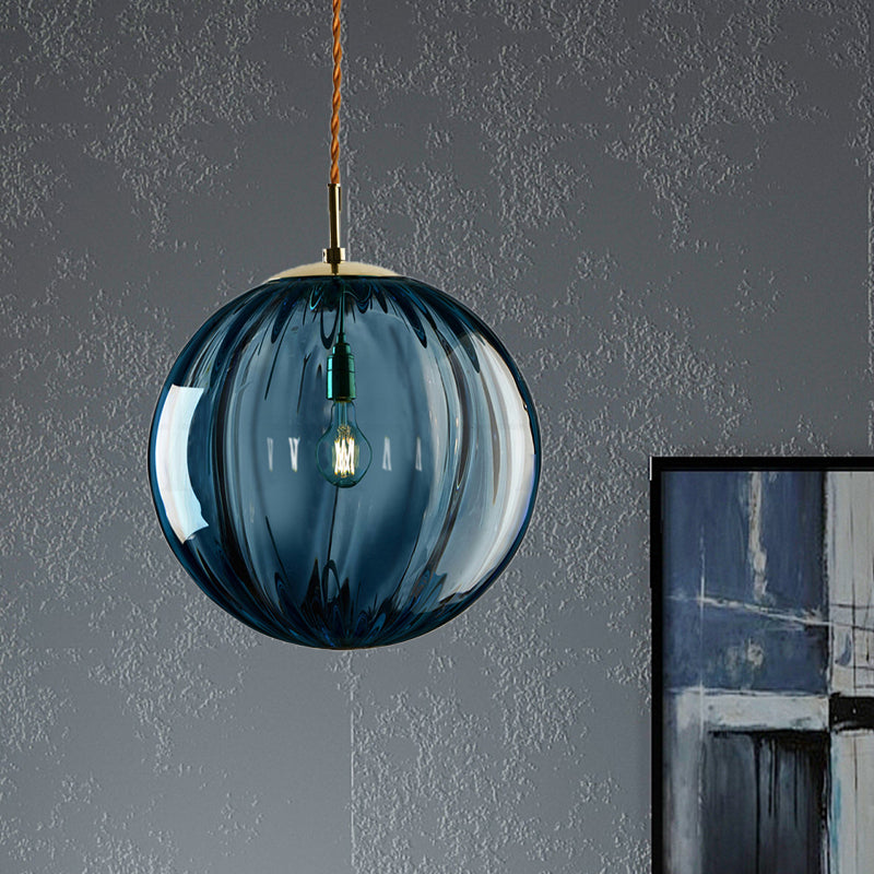 Modern Blue/Purple/Smoky Ribbed Glass Sphere Pendant Light - Led Hanging Ceiling Lamp For Bedroom
