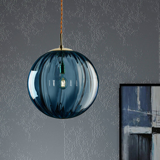 Modern Blue/Purple/Smoky Ribbed Glass Sphere Pendant Light - Led Hanging Ceiling Lamp For Bedroom