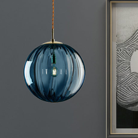 Modern Blue/Purple/Smoky Ribbed Glass Sphere Pendant Light - Led Hanging Ceiling Lamp For Bedroom