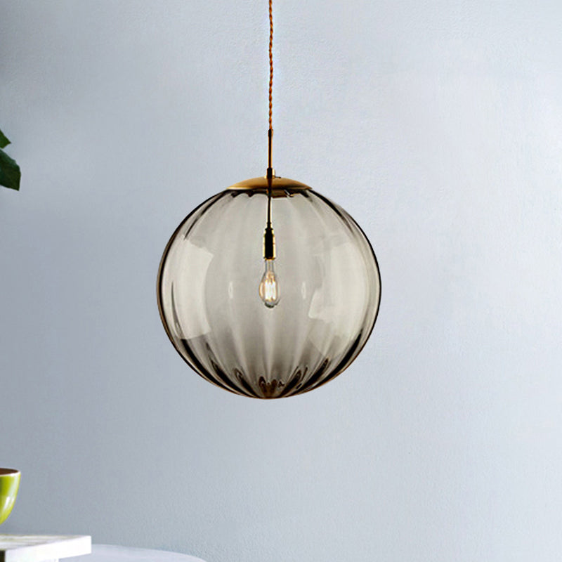 Modern Blue/Purple/Smoky Ribbed Glass Sphere Pendant Light - Led Hanging Ceiling Lamp For Bedroom