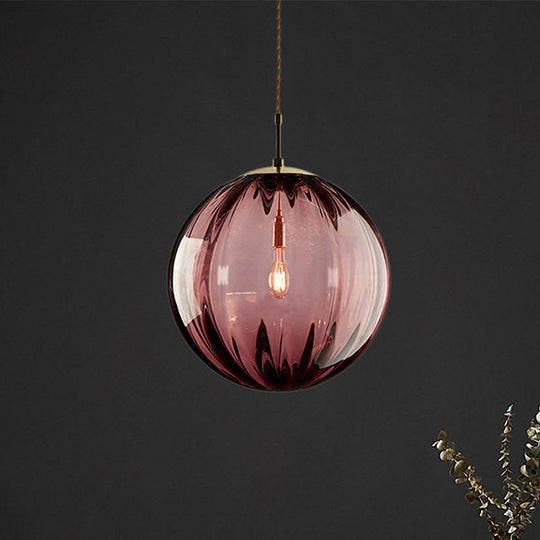 Modern Blue/Purple/Smoky Ribbed Glass Sphere Pendant Light - Led Hanging Ceiling Lamp For Bedroom