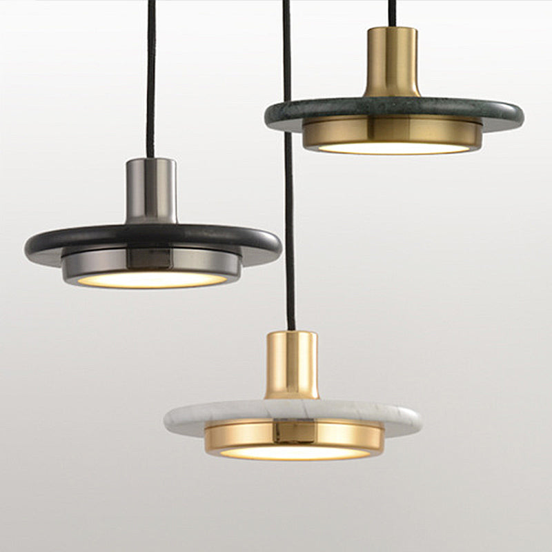 Modern Round Metal Pendant Light With Marble Ring - 1 White/Black/Green