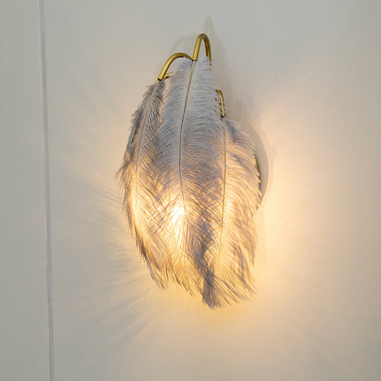 Modern Metal Wall Sconce With Feather Shade - Bedroom Lighting (2 Lights)