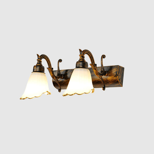 Bronze Wall Lamp With Country Flower Shade And White Rid Glass For Vanity Lighting 2 /