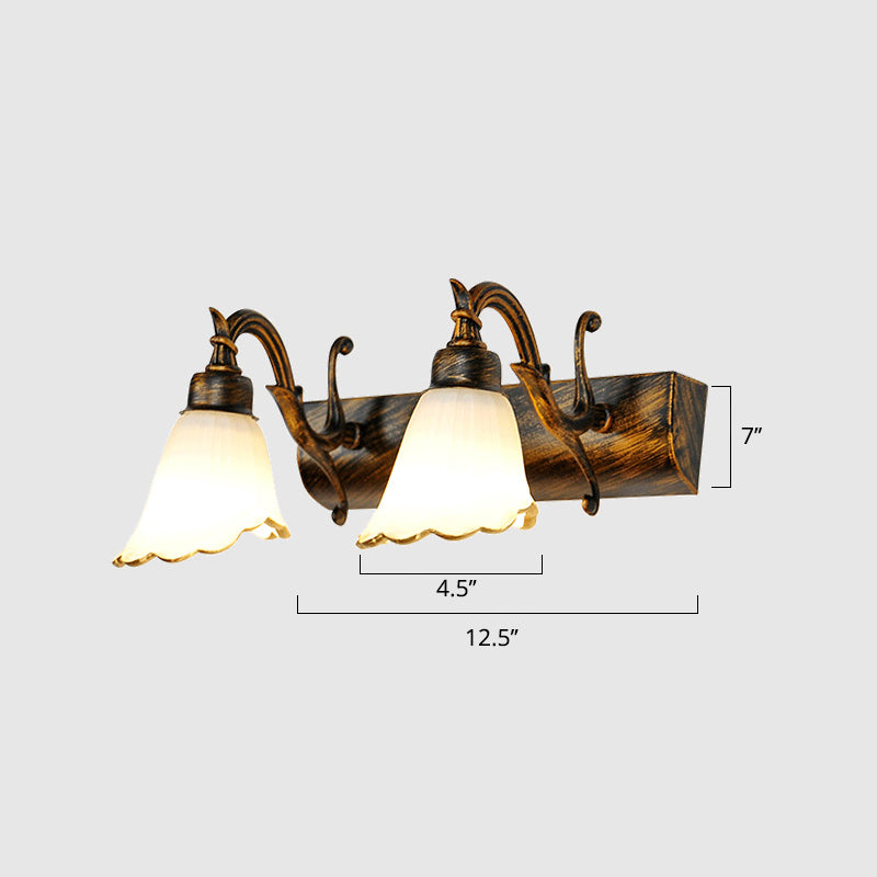 Bronze Wall Lamp With Country Flower Shade And White Rid Glass For Vanity Lighting