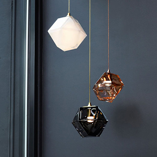 Textured Diamond Suspension Pendant Lamp - White/Amber/Smoke Glass Modern Led Hanging Light For