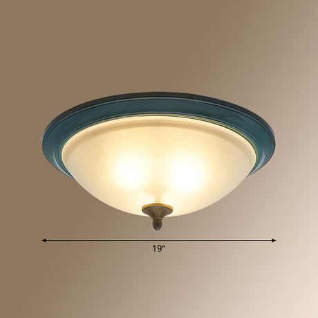 Rustic 3 - Light Bedroom Ceiling Lamp: Frosted White Glass Bowl Flush With Blue Accents