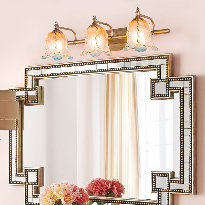 Ombre Glass Flower Wall Sconce: Traditional Brass Vanity Light For Bathroom Mirror