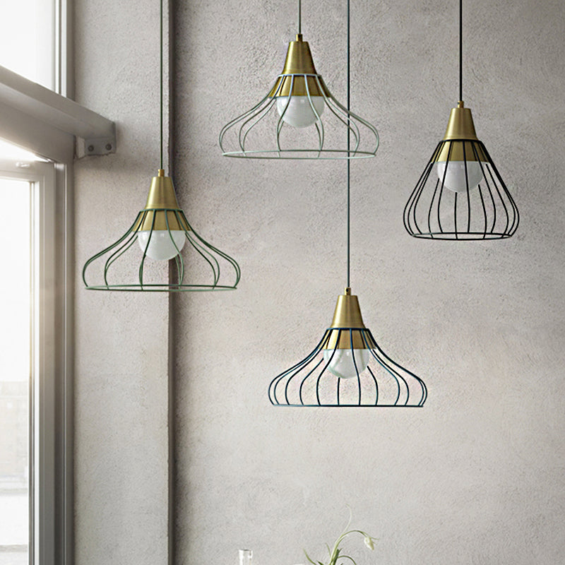 Modern Metal Cone Pendant Light With Wire-Cage Shade - 1 9’/13’ Wide