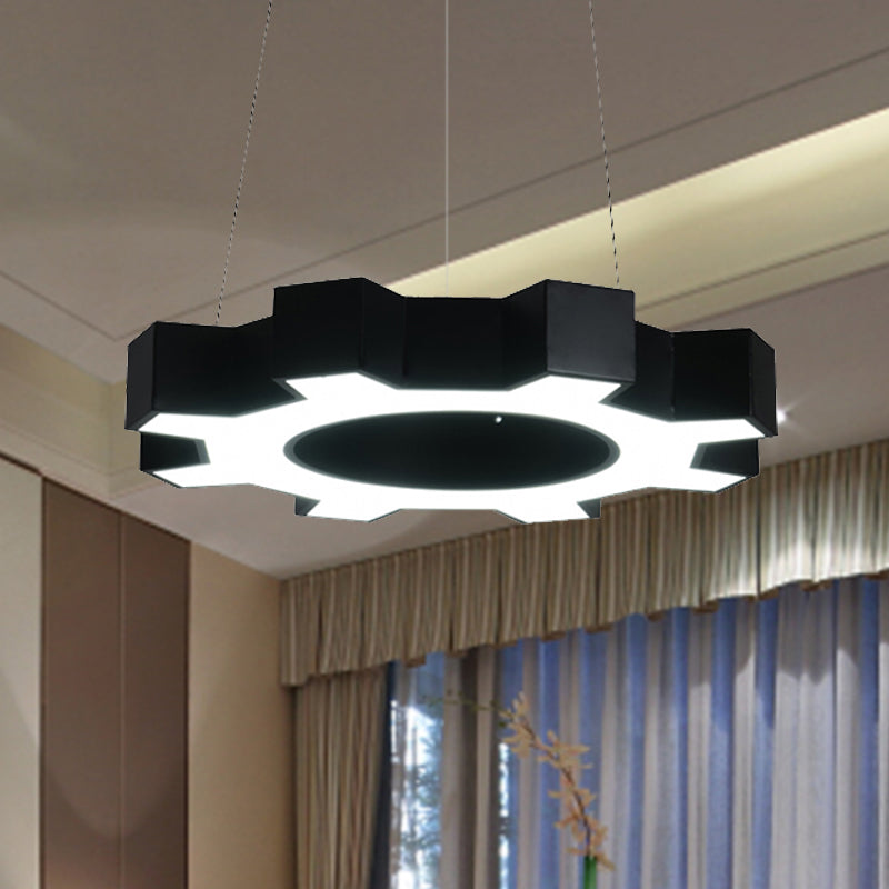 Contemporary Metal Led Pendant Lamp For Gym - Wide Gear Shape White/Black White/Warm Light