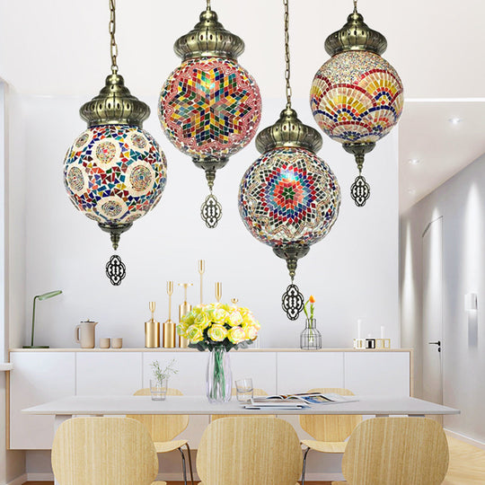 Retro Colorful Glass Sphere Suspension Light With 1/4 Hanging Lamp Heads - Ideal For Restaurants