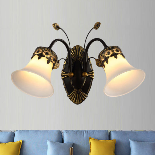 Vintage Frosted Glass Wall Sconce With Curved Arm - Black Bell 1/2-Light Fixture For Foyer