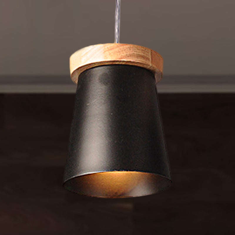 Industrial Loft Metal And Wood Kitchen Pendant Ceiling Light Black Finish With Bucket Suspension - 1