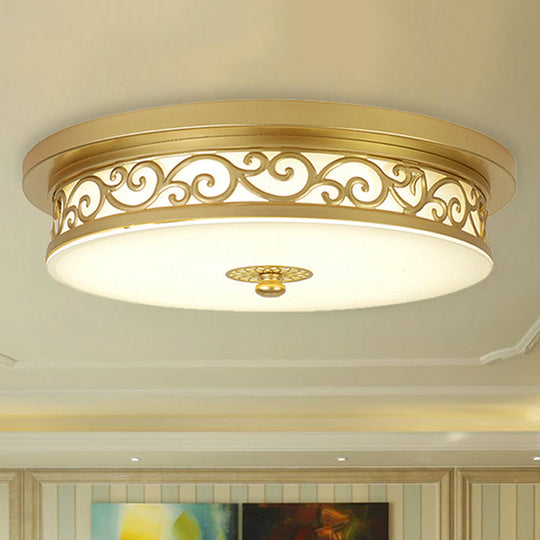 Gold Drum Flush Mount Led Lamp With Classic White Glass - Ideal Living Room Ceiling Light In Or