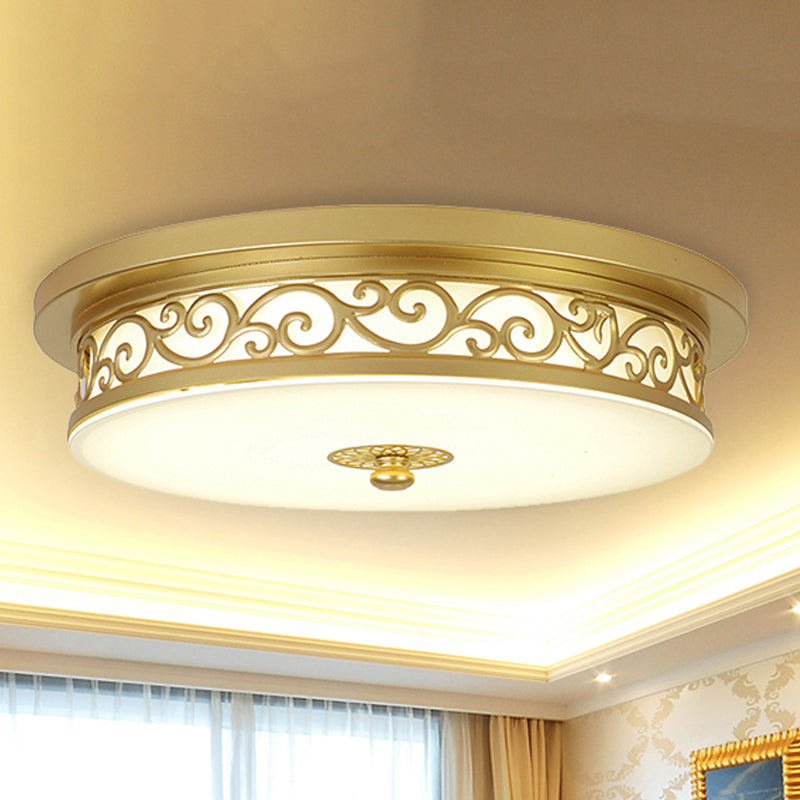 Gold Drum Flush Mount Led Lamp With Classic White Glass - Ideal Living Room Ceiling Light In Or