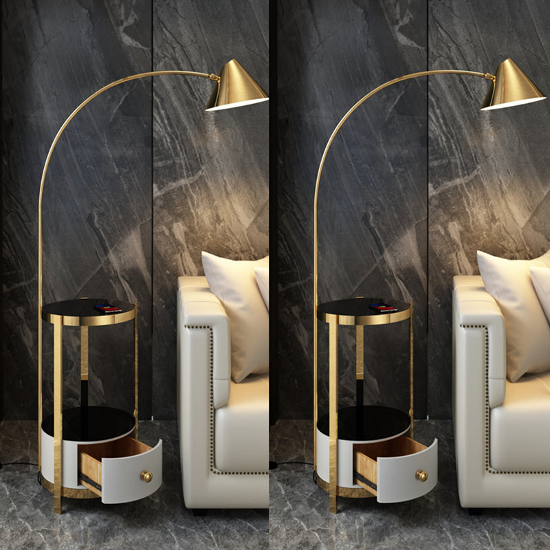 Postmodern Metal Fishing Rod Floor Lamp With Swivel Cone Shade And Marble Tray Cabinet Gold-Black