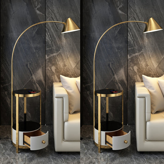 Postmodern Metal Fishing Rod Floor Lamp With Swivel Cone Shade And Marble Tray Cabinet Gold-Black