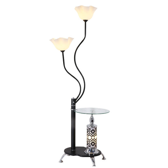 Country Black Frosted Glass Standing Floor Lamp With Tray - 3 Bulbs Open-Top Flower Light