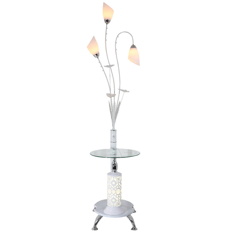Rustic Ivory Glass 3-Light Floor Lamp With Table Tulip Living Room Standing Light