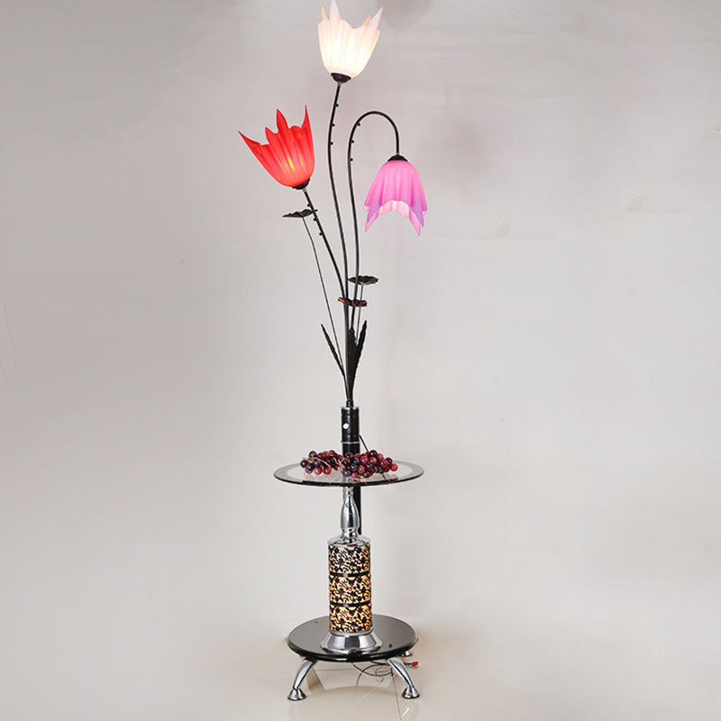 Flower Countryside Floor Lamp: Black Acrylic Tray 3-Light Design For Living Room