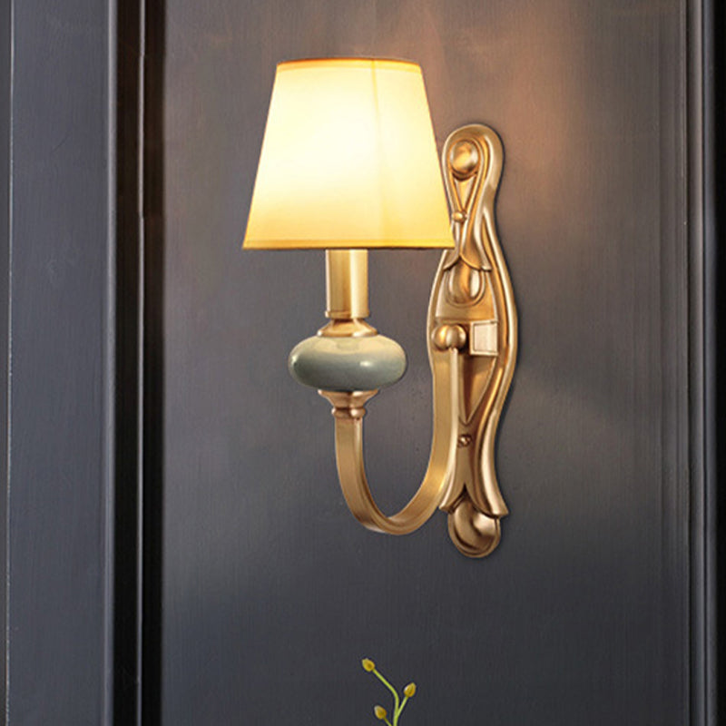 Vintage Fabric Brass Wall Sconce With Tapered Shade - 1 Light Mount Fixture For Living Room