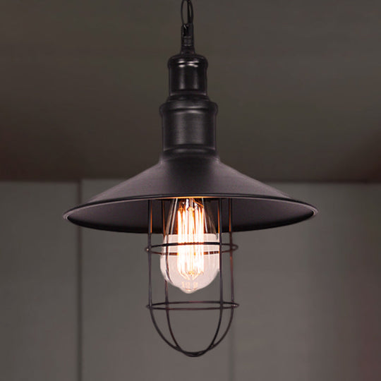 Conic Shade Suspension Light With Wire Guard - Nautical Black Metal Pendant Lighting For Indoor Use
