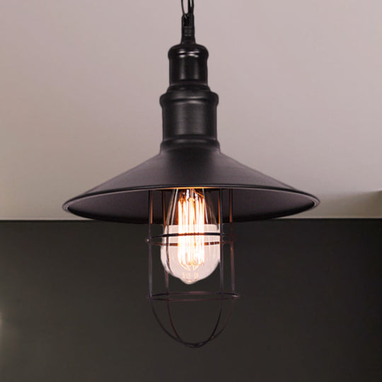 Conic Shade Suspension Light With Wire Guard - Nautical Black Metal Pendant Lighting For Indoor Use