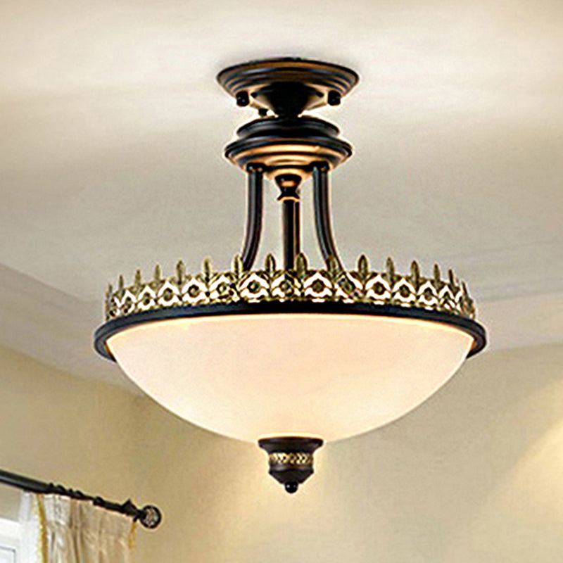 Semi Flush Mount Traditional Frosted Glass Ceiling Light With 3 Lights - White Bowl Shape For
