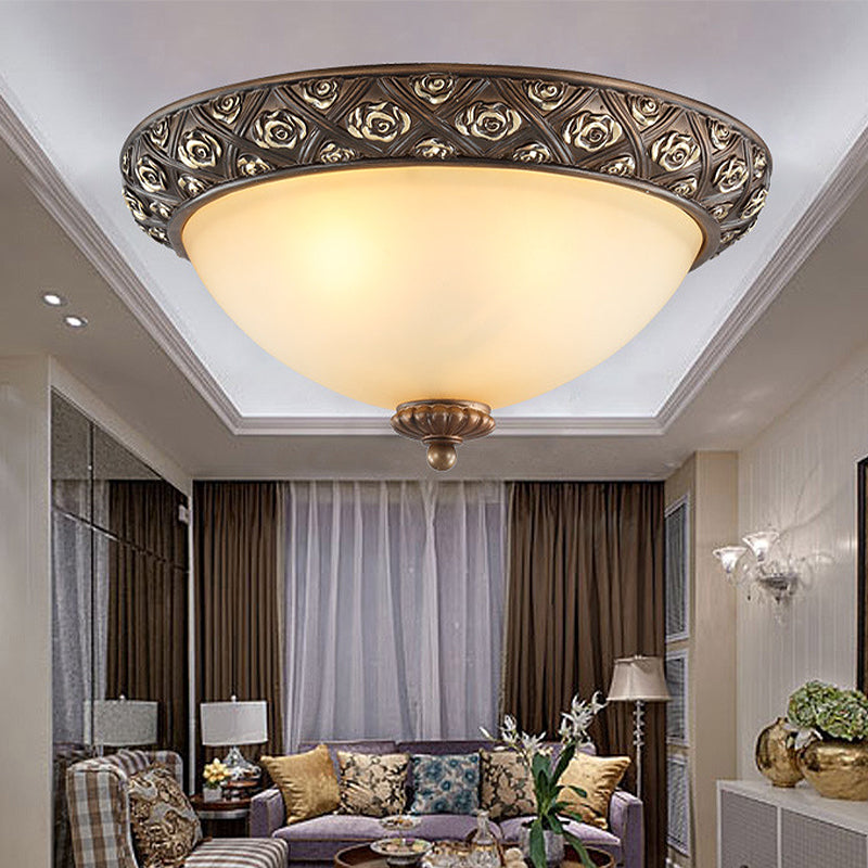 Traditional Brown Flush Light Fixture With Frosted Glass Bowl - 3 Lights Bedroom Ceiling Mount