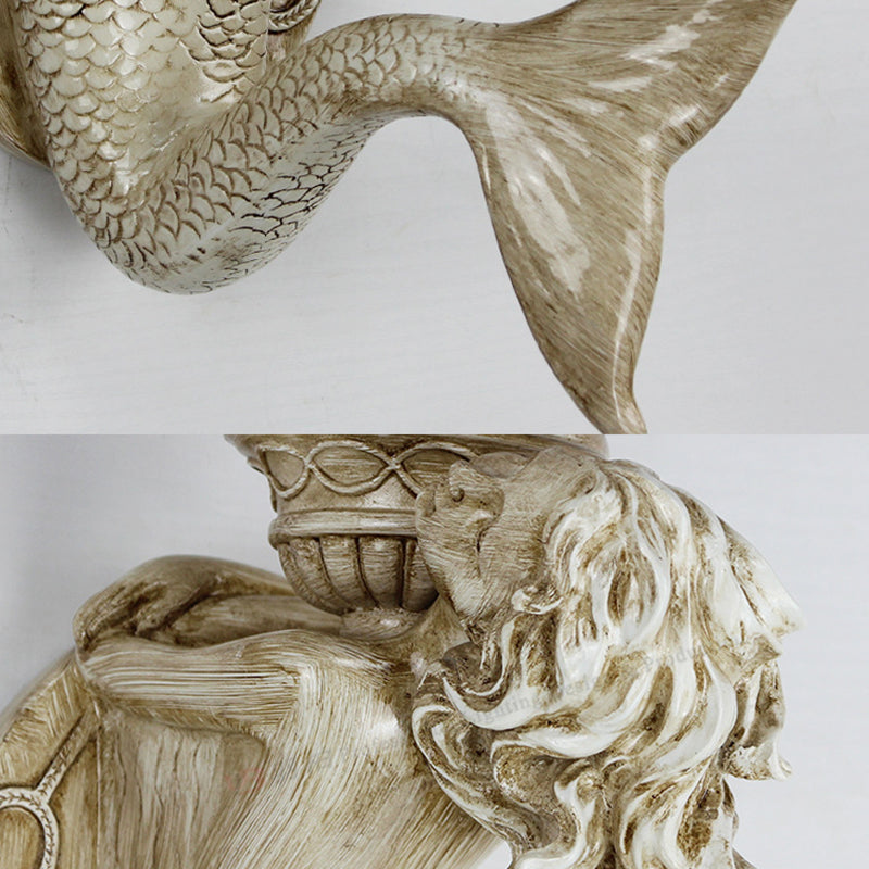 Rustic Tiffany Shell Bowl/Dome Wall Lamp - Mermaid Resin Accent Beige Finish