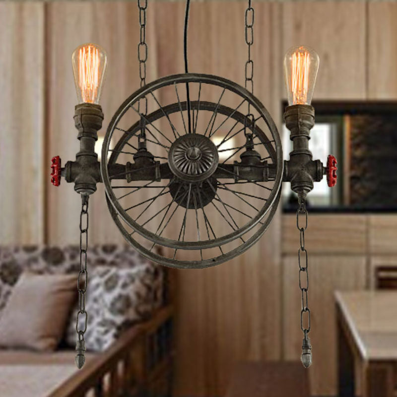 Rustic Exposed Bulb Hanging Light: Wheel Design 2-Light Wrought Iron Pendant Chandelier In Bronze