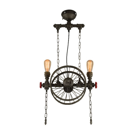 Rustic Exposed Bulb Hanging Light With Wheel Design - 2 Lights Wrought Iron Pendant Chandelier