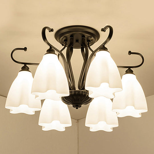 Flower-Shaped White Glass Ceiling Light Fixture With 3/6/8 Lights For Classic Living Room