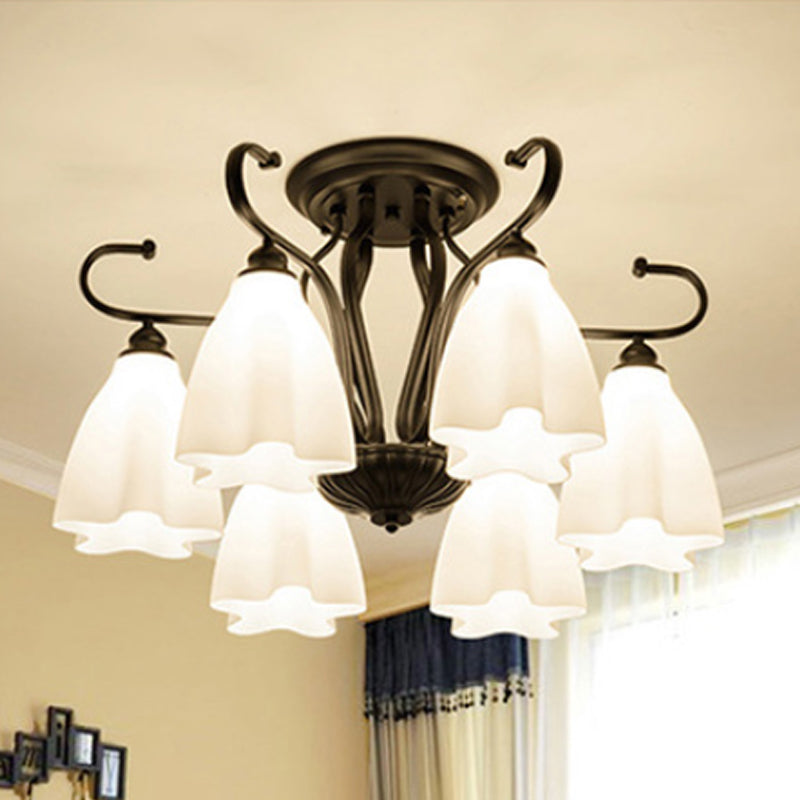 Flower-Shaped White Glass Ceiling Light Fixture With 3/6/8 Lights For Classic Living Room