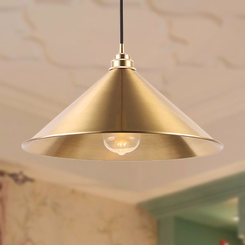 Conic Shade Metallic Pendant Light - Vintage Brass Indoor Ceiling Fixture With 1 Hanging