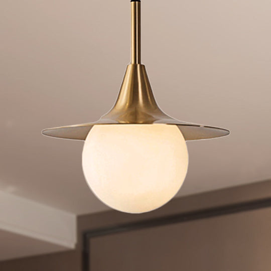 Mid Century Brass Ceiling Pendant Light With Milk Glass Ball Shade - Stylish Hanging Lamp For