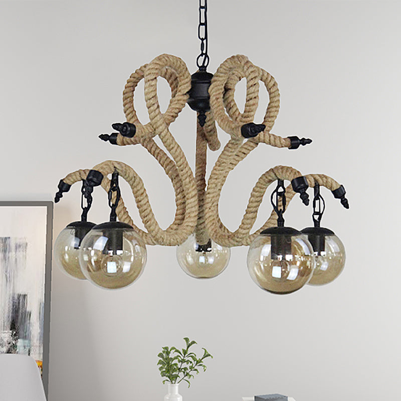 Vintage Amber Glass Ball Chandelier - 5-Light Pendant Lighting For Living Room With Rope Detail