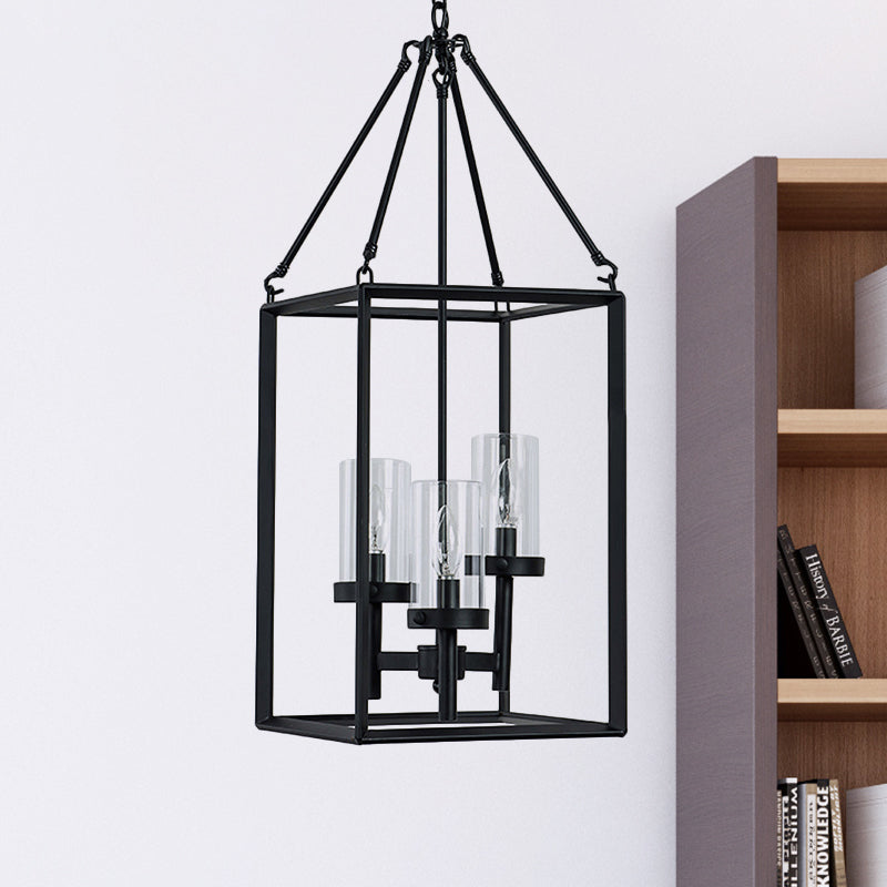 Vintage Black Metal Frame Pendant Chandelier With Clear Glass Candle Lights - 3-Light Ceiling